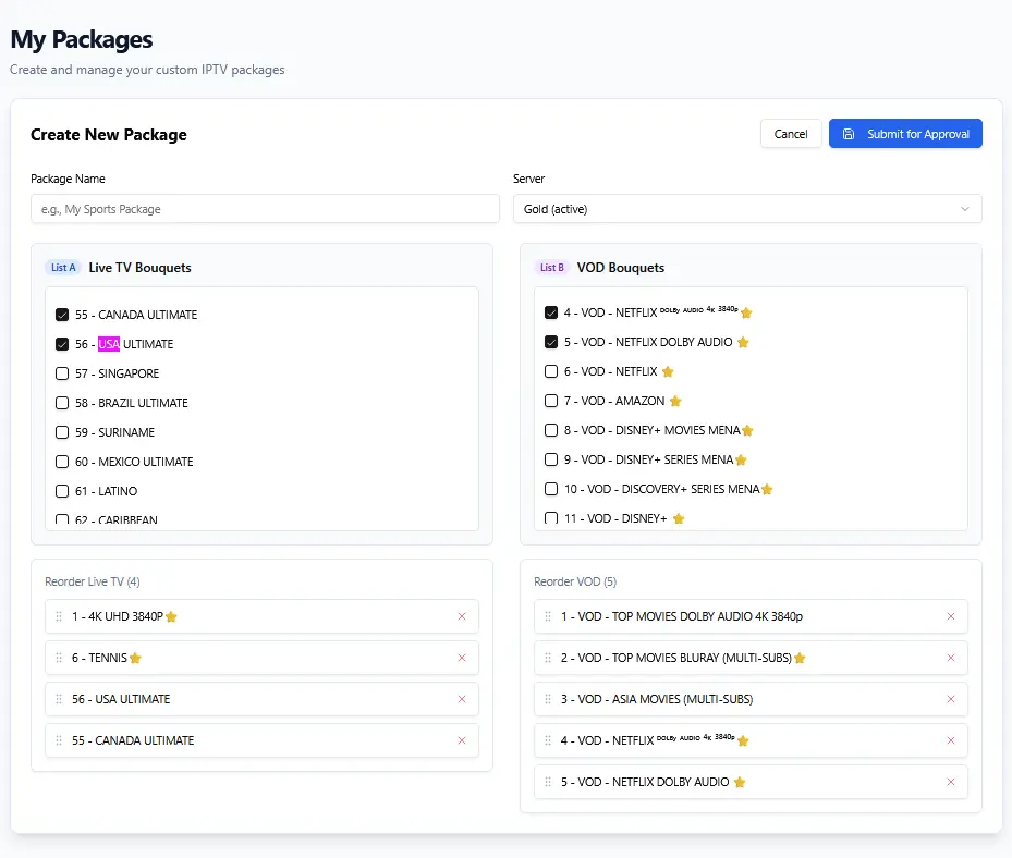 IPTV Pilot Custom Package Tool - Build your own IPTV playlist with specific Live TV bouquets and VOD categories.